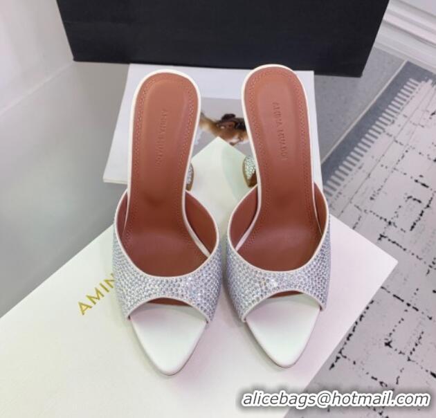 Big Discount Amina Muaddi Caroline Heeled Slides Sandal 9.5cm in Satin and Strass White 0219055