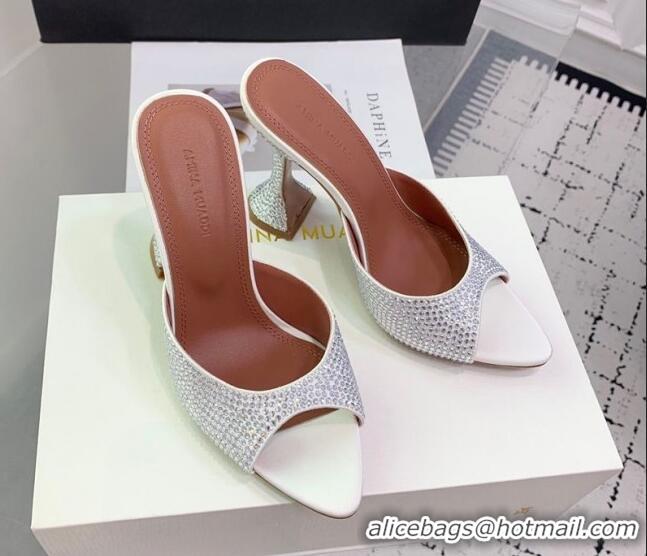 Big Discount Amina Muaddi Caroline Heeled Slides Sandal 9.5cm in Satin and Strass White 0219055