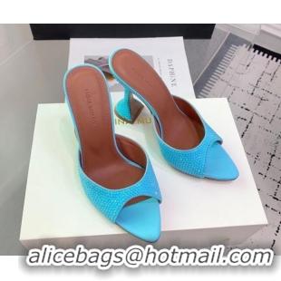 Luxury Amina Muaddi Caroline Heeled Slides Sandal 9.5cm in Satin and Strass Light Blue 0219057