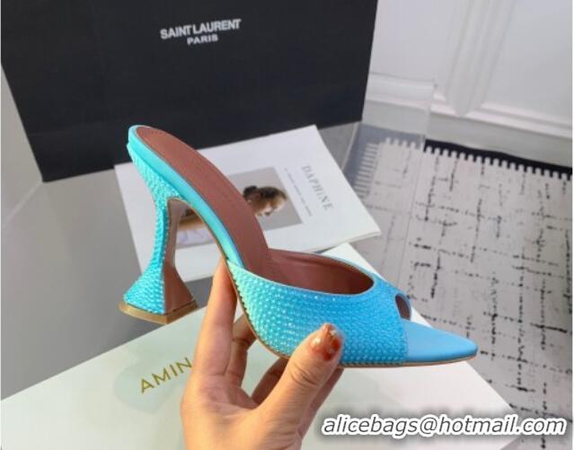 Luxury Amina Muaddi Caroline Heeled Slides Sandal 9.5cm in Satin and Strass Light Blue 0219057