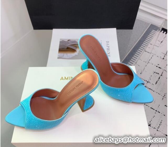 Luxury Amina Muaddi Caroline Heeled Slides Sandal 9.5cm in Satin and Strass Light Blue 0219057