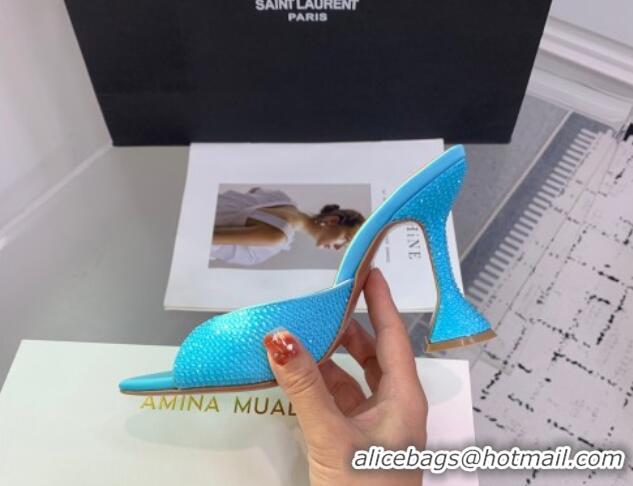 Luxury Amina Muaddi Caroline Heeled Slides Sandal 9.5cm in Satin and Strass Light Blue 0219057