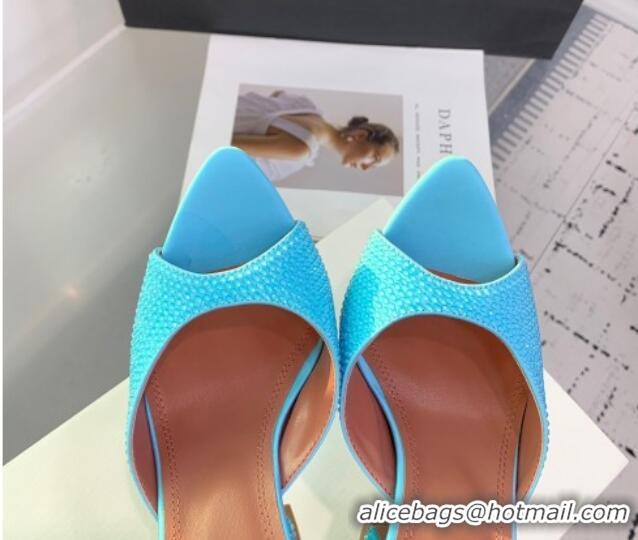 Luxury Amina Muaddi Caroline Heeled Slides Sandal 9.5cm in Satin and Strass Light Blue 0219057