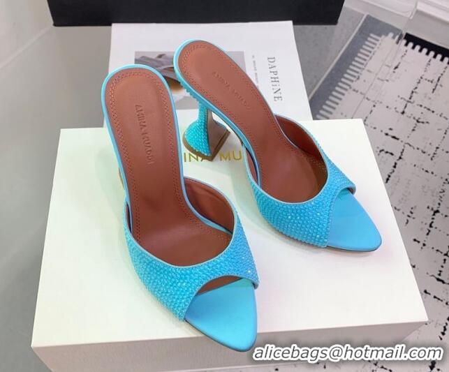 Luxury Amina Muaddi Caroline Heeled Slides Sandal 9.5cm in Satin and Strass Light Blue 0219057