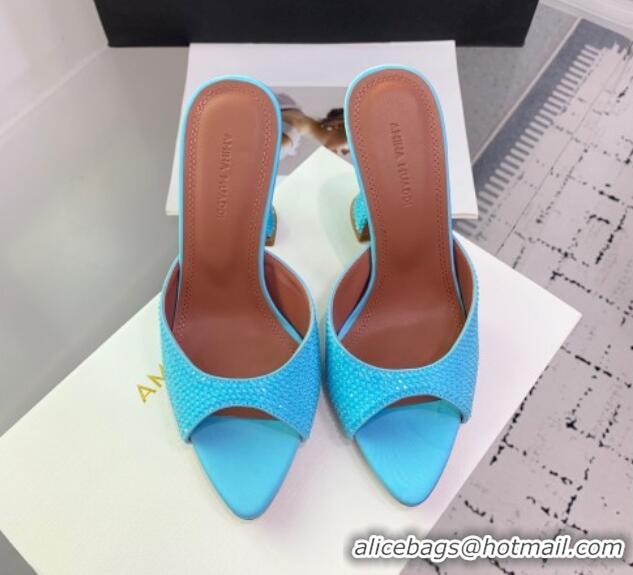 Luxury Amina Muaddi Caroline Heeled Slides Sandal 9.5cm in Satin and Strass Light Blue 0219057