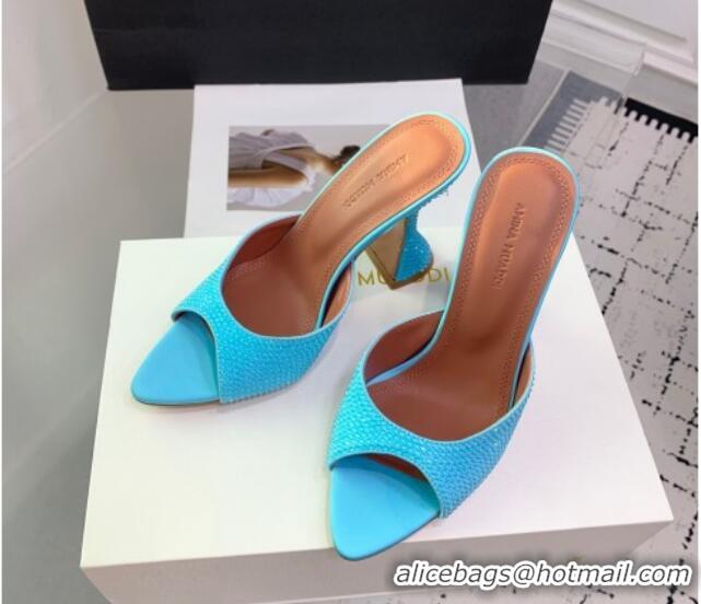 Luxury Amina Muaddi Caroline Heeled Slides Sandal 9.5cm in Satin and Strass Light Blue 0219057