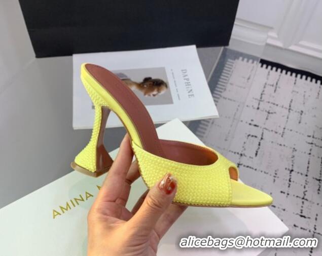 Most Popular Amina Muaddi Caroline Heeled Slides Sandal 9.5cm in Satin and Strass Yellow  0219058