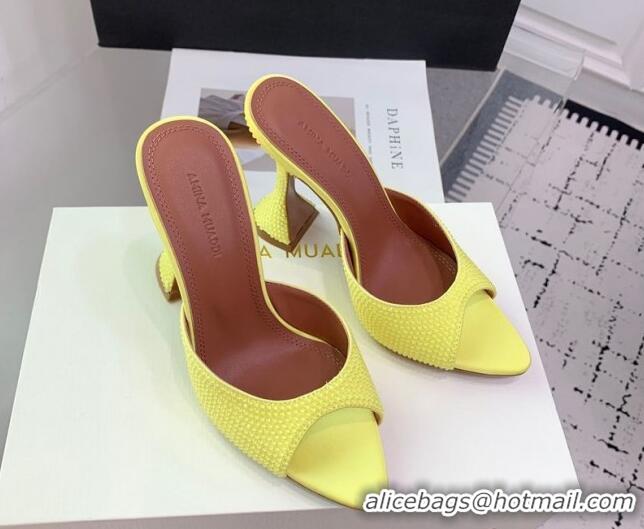 Most Popular Amina Muaddi Caroline Heeled Slides Sandal 9.5cm in Satin and Strass Yellow  0219058