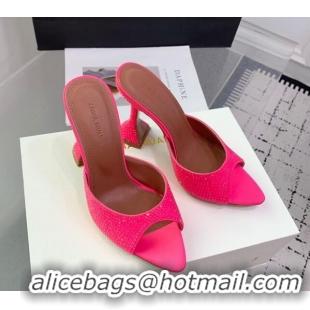 Good Product Amina Muaddi Caroline Heeled Slides Sandal 9.5cm in Satin and Strass Neon Pink 0219059