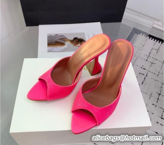 Good Product Amina Muaddi Caroline Heeled Slides Sandal 9.5cm in Satin and Strass Neon Pink 0219059