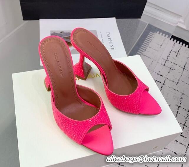 Good Product Amina Muaddi Caroline Heeled Slides Sandal 9.5cm in Satin and Strass Neon Pink 0219059