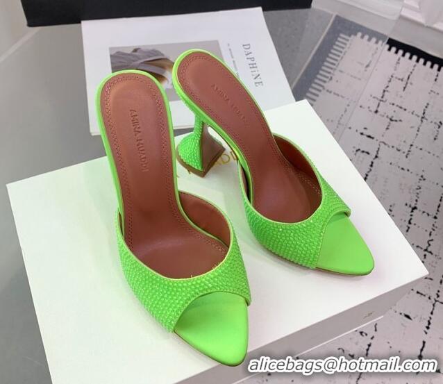 Unique Style Amina Muaddi Caroline Heeled Slides Sandal 9.5cm in Satin and Strass Light Green 0219060