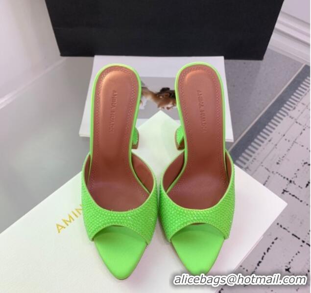 Unique Style Amina Muaddi Caroline Heeled Slides Sandal 9.5cm in Satin and Strass Light Green 0219060