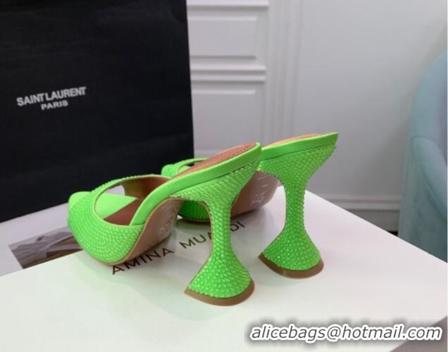 Unique Style Amina Muaddi Caroline Heeled Slides Sandal 9.5cm in Satin and Strass Light Green 0219060