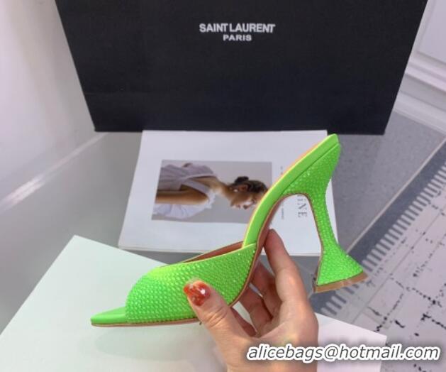 Unique Style Amina Muaddi Caroline Heeled Slides Sandal 9.5cm in Satin and Strass Light Green 0219060