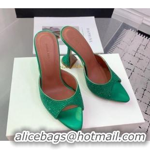 Top Grade Amina Muaddi Caroline Heeled Slides Sandal 9.5cm in Satin and Strass Dark Green 0219061