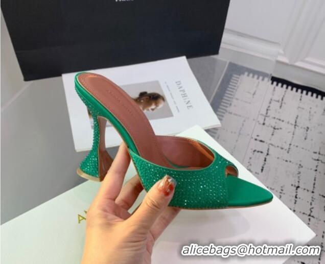 Top Grade Amina Muaddi Caroline Heeled Slides Sandal 9.5cm in Satin and Strass Dark Green 0219061