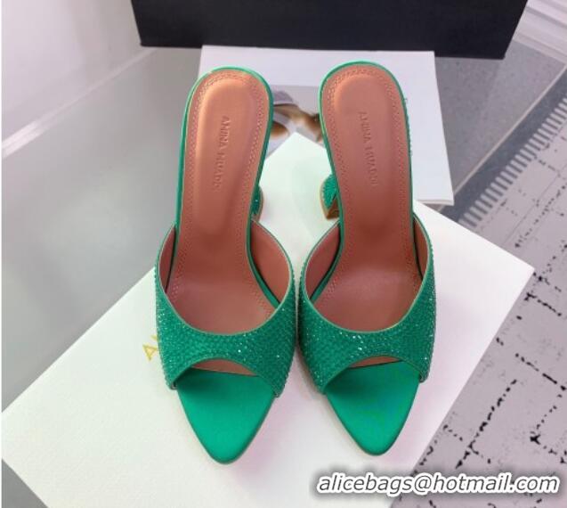 Top Grade Amina Muaddi Caroline Heeled Slides Sandal 9.5cm in Satin and Strass Dark Green 0219061