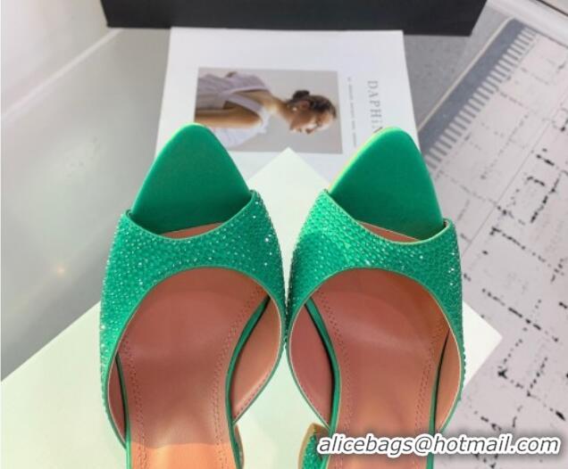 Top Grade Amina Muaddi Caroline Heeled Slides Sandal 9.5cm in Satin and Strass Dark Green 0219061