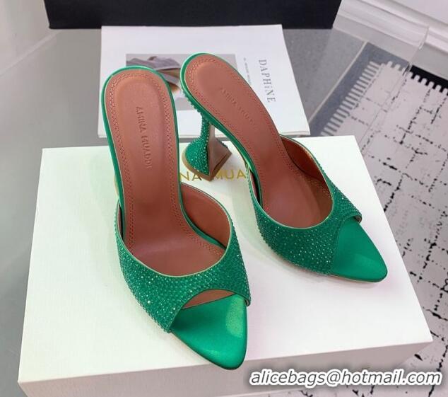 Top Grade Amina Muaddi Caroline Heeled Slides Sandal 9.5cm in Satin and Strass Dark Green 0219061