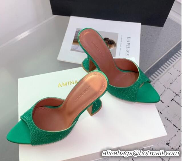 Top Grade Amina Muaddi Caroline Heeled Slides Sandal 9.5cm in Satin and Strass Dark Green 0219061