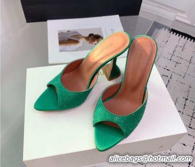 Top Grade Amina Muaddi Caroline Heeled Slides Sandal 9.5cm in Satin and Strass Dark Green 0219061