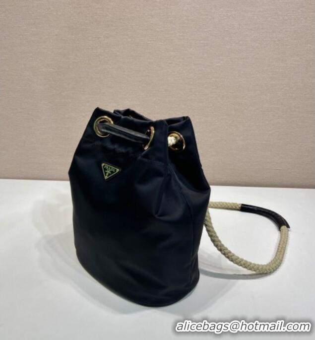 Luxury Cheap Prada Re-Nylon and Leather Bucket Bag 1BE082 Black 2025