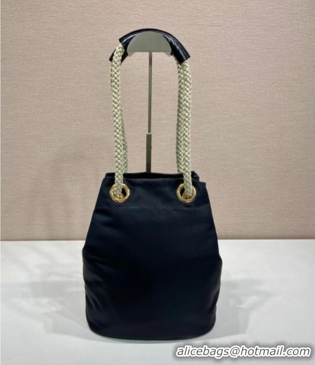 Luxury Cheap Prada Re-Nylon and Leather Bucket Bag 1BE082 Black 2025