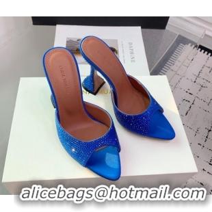 Popular Style Amina Muaddi Caroline Heeled Slides Sandal 9.5cm in Satin and Strass Royal Blue 0219062