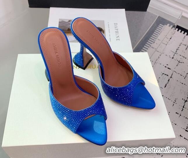 Popular Style Amina Muaddi Caroline Heeled Slides Sandal 9.5cm in Satin and Strass Royal Blue 0219062