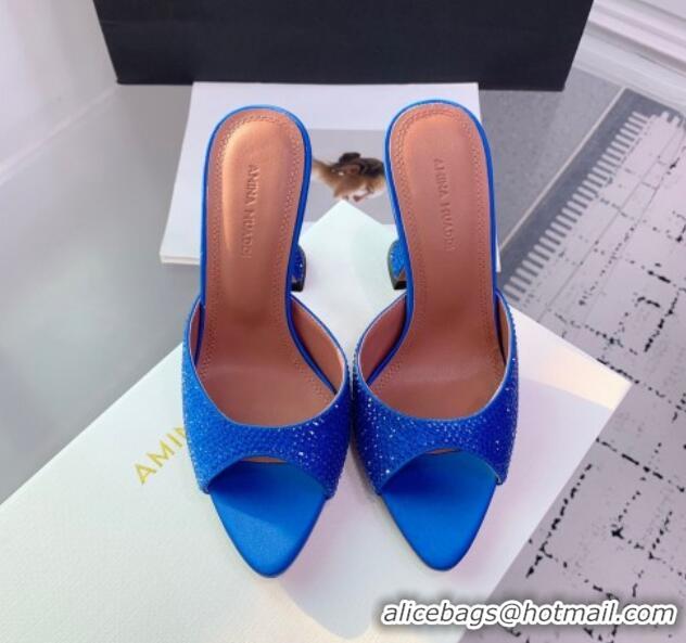 Popular Style Amina Muaddi Caroline Heeled Slides Sandal 9.5cm in Satin and Strass Royal Blue 0219062