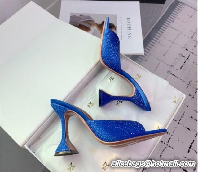 Popular Style Amina Muaddi Caroline Heeled Slides Sandal 9.5cm in Satin and Strass Royal Blue 0219062