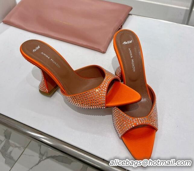 Luxurious Amina Muaddi Caroline Crystal Heeled Slide Sandals in Satin 9.5cm Orange 0219063