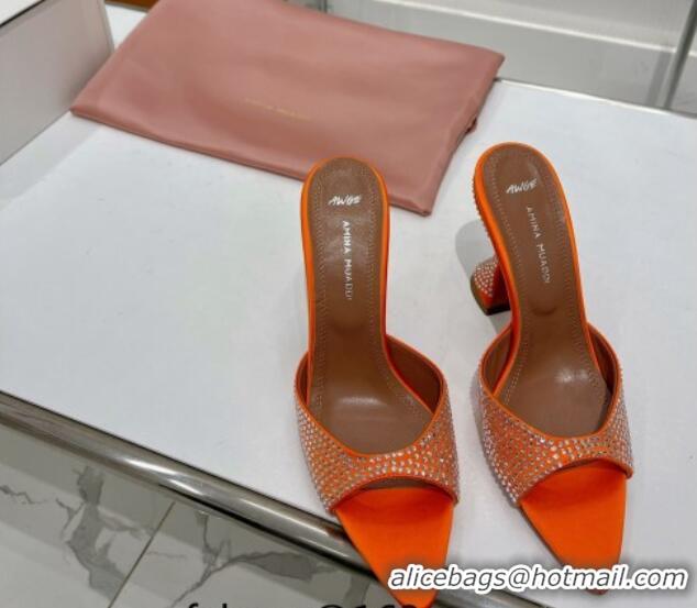 Luxurious Amina Muaddi Caroline Crystal Heeled Slide Sandals in Satin 9.5cm Orange 0219063