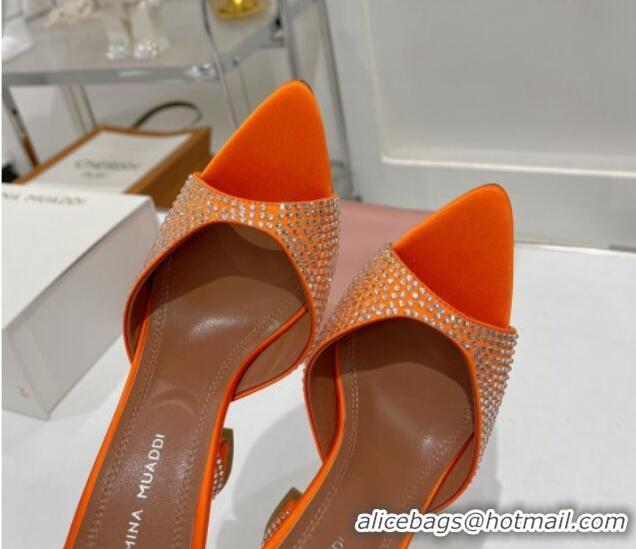 Luxurious Amina Muaddi Caroline Crystal Heeled Slide Sandals in Satin 9.5cm Orange 0219063