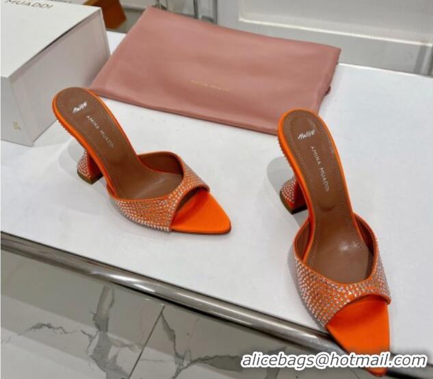 Luxurious Amina Muaddi Caroline Crystal Heeled Slide Sandals in Satin 9.5cm Orange 0219063