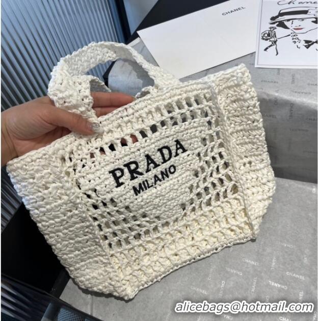 Luxury Cheap Prada Crochet Mini Basket Straw Bag 0311 White 2025