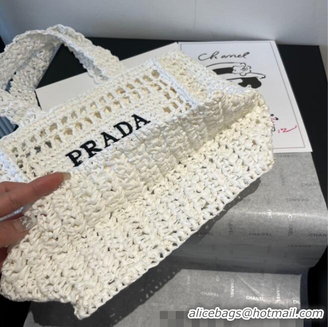 Luxury Cheap Prada Crochet Mini Basket Straw Bag 0311 White 2025