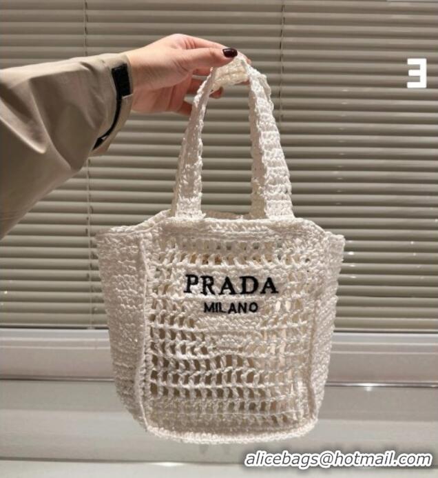 Luxury Cheap Prada Crochet Mini Basket Straw Bag 0311 White 2025