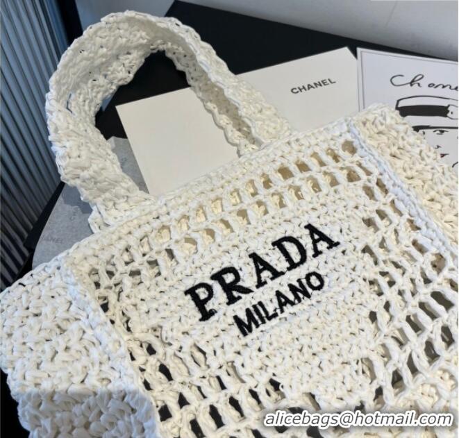 Luxury Cheap Prada Crochet Mini Basket Straw Bag 0311 White 2025