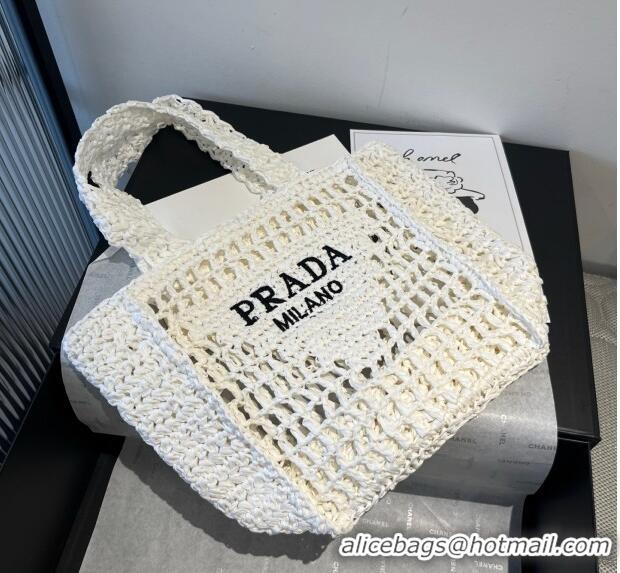 Luxury Cheap Prada Crochet Mini Basket Straw Bag 0311 White 2025