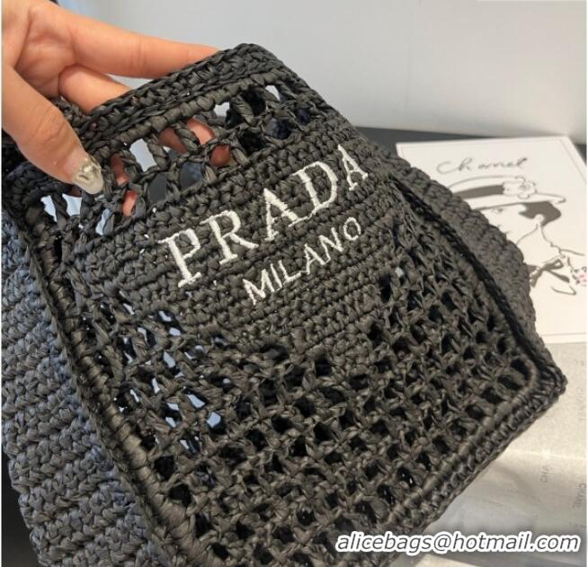 Luxury Cheap Prada Crochet Mini Basket Straw Bag 0311 Black 2025