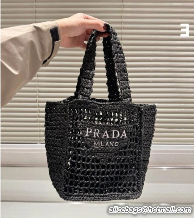 Luxury Cheap Prada Crochet Mini Basket Straw Bag 0311 Black 2025