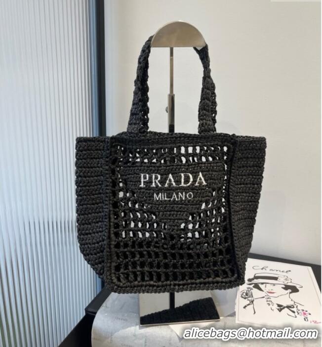 Luxury Cheap Prada Crochet Mini Basket Straw Bag 0311 Black 2025