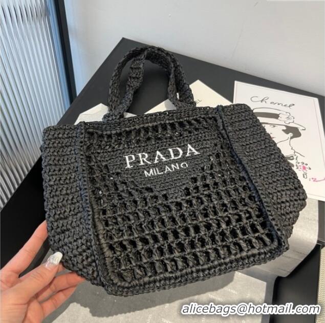 Luxury Cheap Prada Crochet Mini Basket Straw Bag 0311 Black 2025