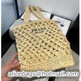 Top Design Prada Crochet Bucket Straw Bag 0311 Beige 2025