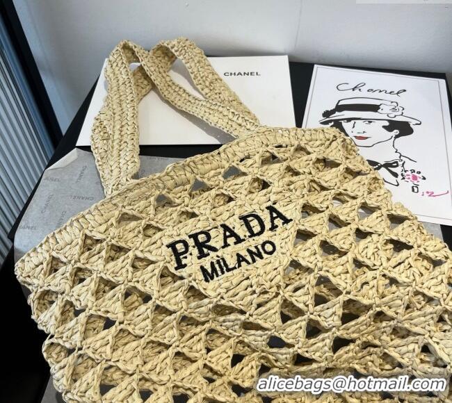 Top Design Prada Crochet Bucket Straw Bag 0311 Beige 2025