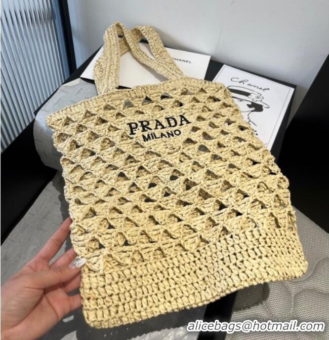 Top Design Prada Crochet Bucket Straw Bag 0311 Beige 2025