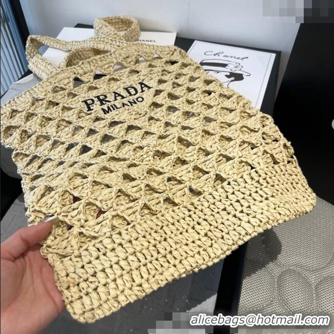 Top Design Prada Crochet Bucket Straw Bag 0311 Beige 2025