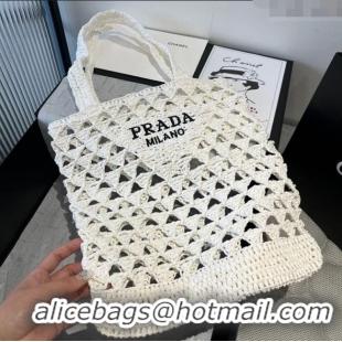 Buy Fashionable Prada Crochet Bucket Straw Bag 0311 White 2025